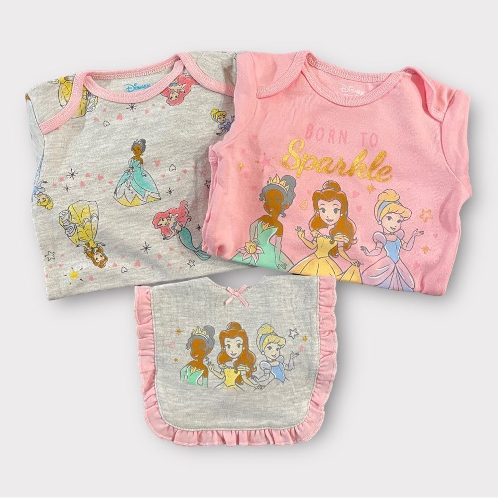 Disney Baby Princess Sparkle Long Sleeve Bodysuits and Bib Set in Pink 12M NWT